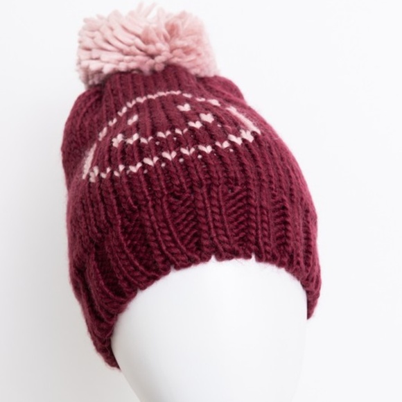 Cozy Burgundy Smiley Face Pom Pom Knit Beanie - Picture 2 of 3